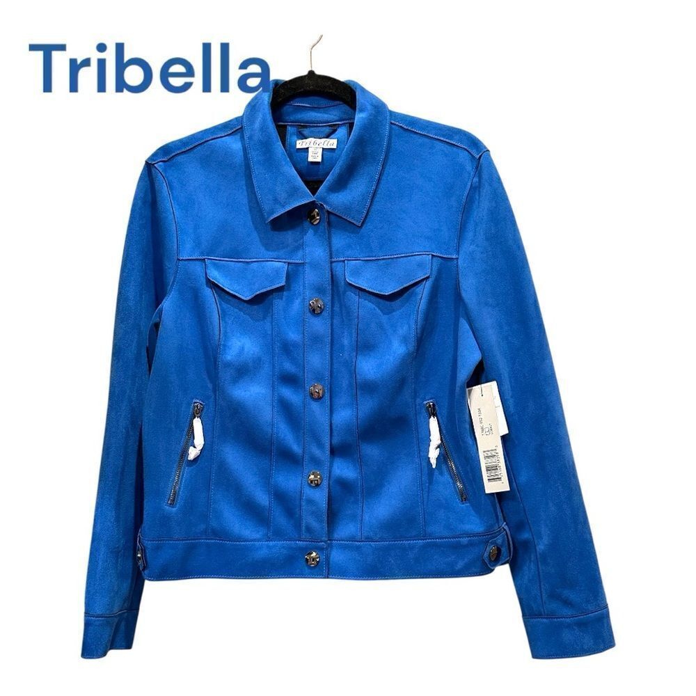 TRIBELLA Blazer Jacket Size L Faux Suede Micro-Denier Snaps Cobalt Blue